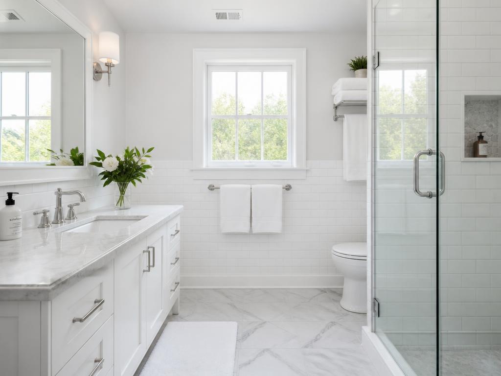 Spotless bathroom with folded towels